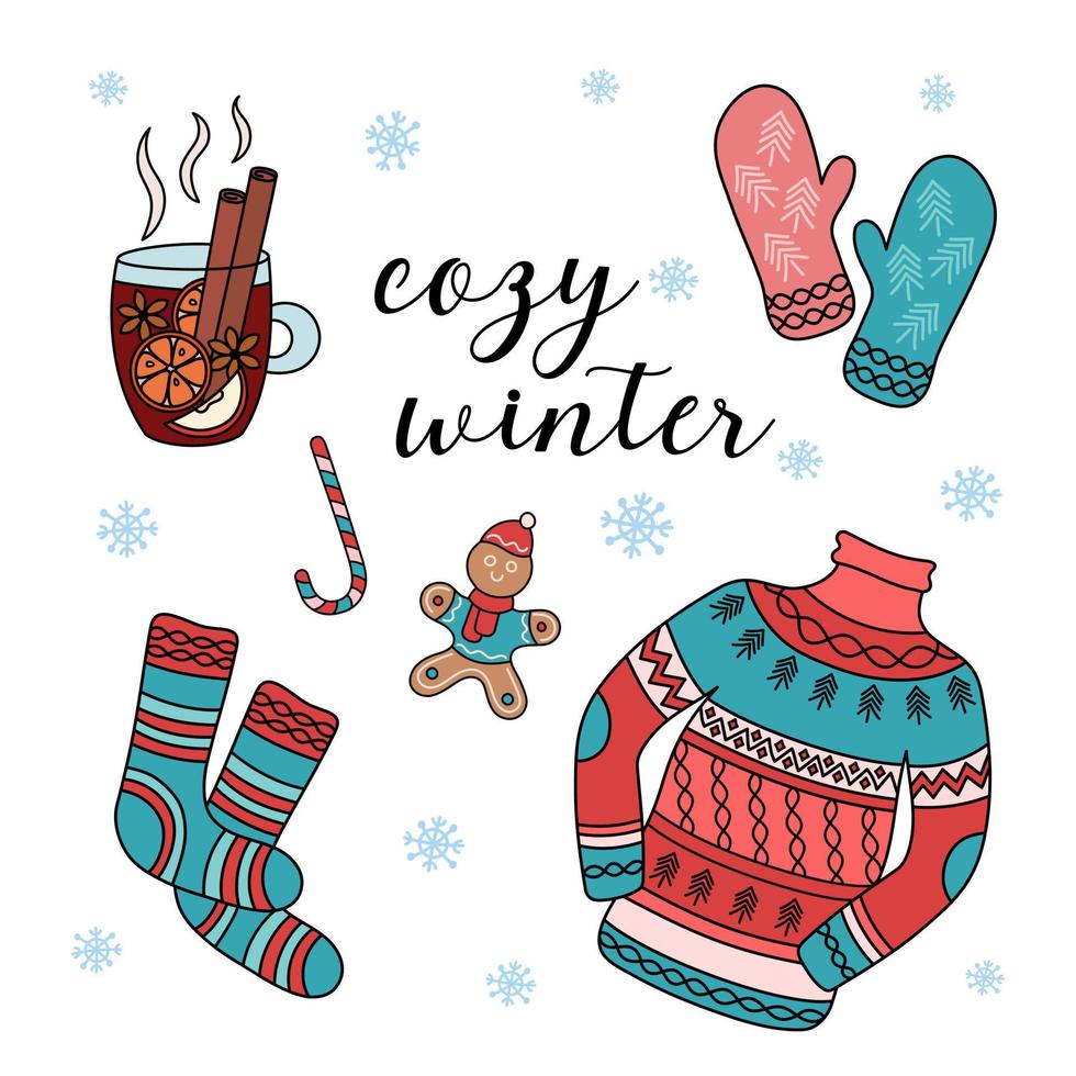 Cozy winter card. Warm clothes and mulled wine design elements. Vector set of colorful Christmas doodles. Outline hand drawn illustrations of isolated xmas objects on white background