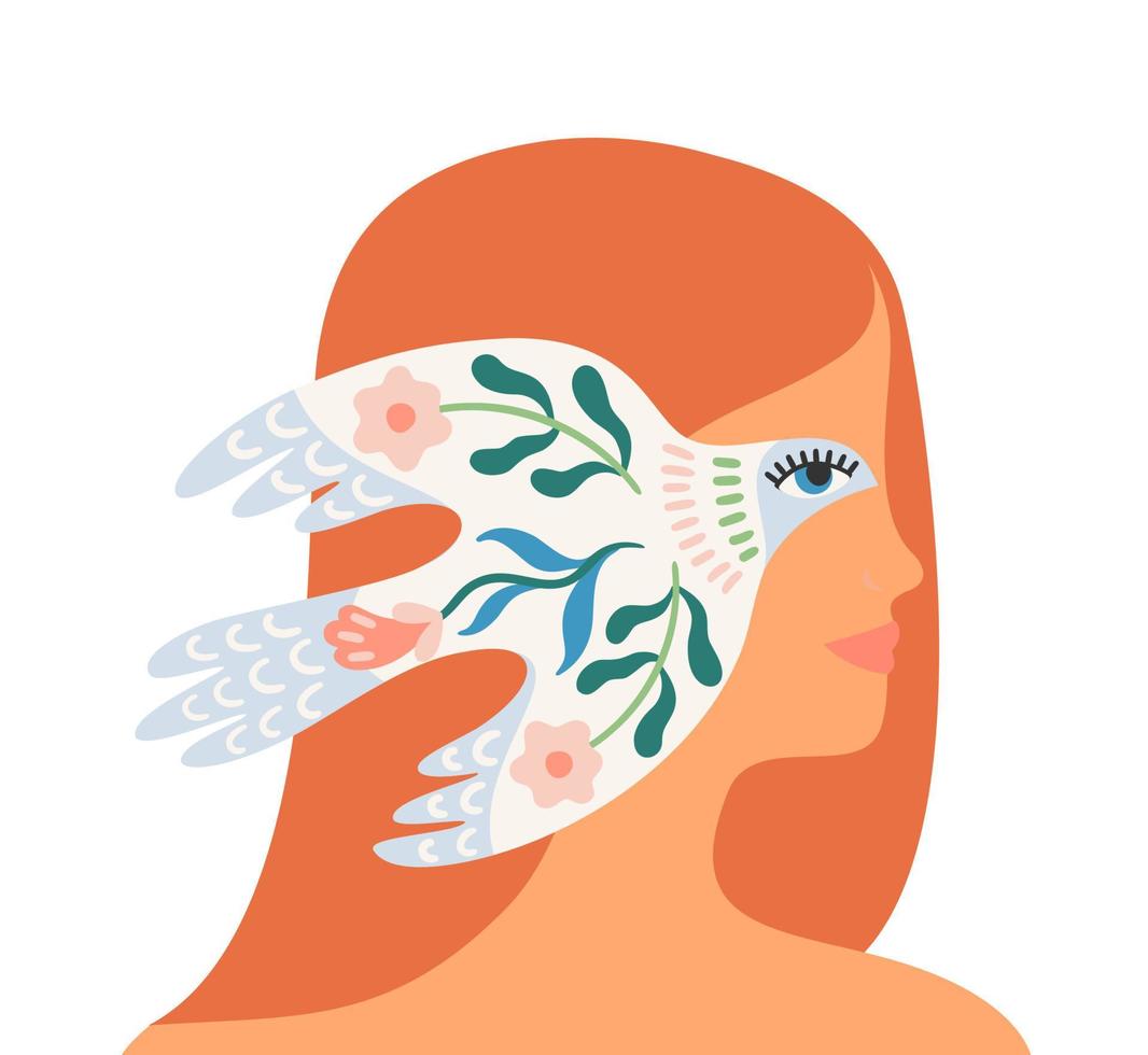 mujer y paloma de la paz. ilustración vectorial aislada. elementos para tarjetas, afiches, volantes y otros usos vector