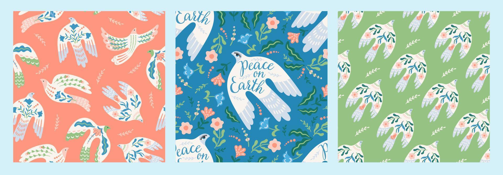 Doves of peace. Vector seamless patterns. Backgrounds for paper, packaging, wallpaper, fabric and other surfaces