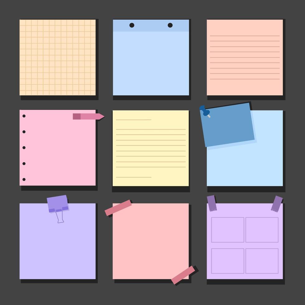 Notes paper collection on pastel color. Memo paper collection vector