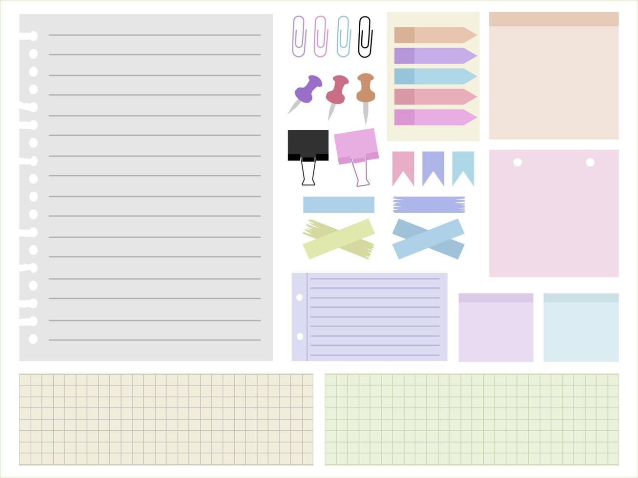 Paper sheet collection on different shapes. Paper notes with tape, clips, and pin. vector
