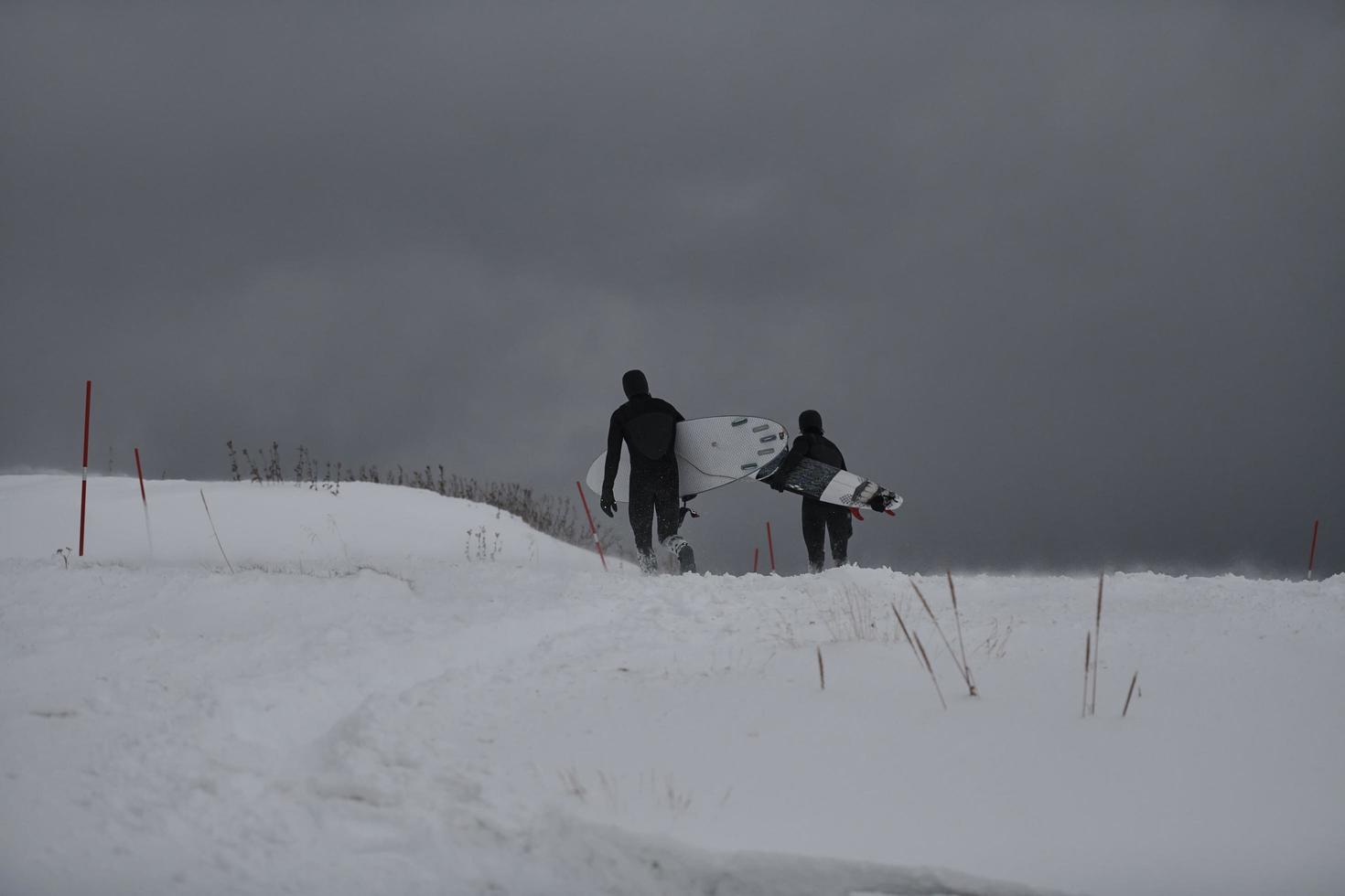 Arctic surfers running on  beach after surfing photo