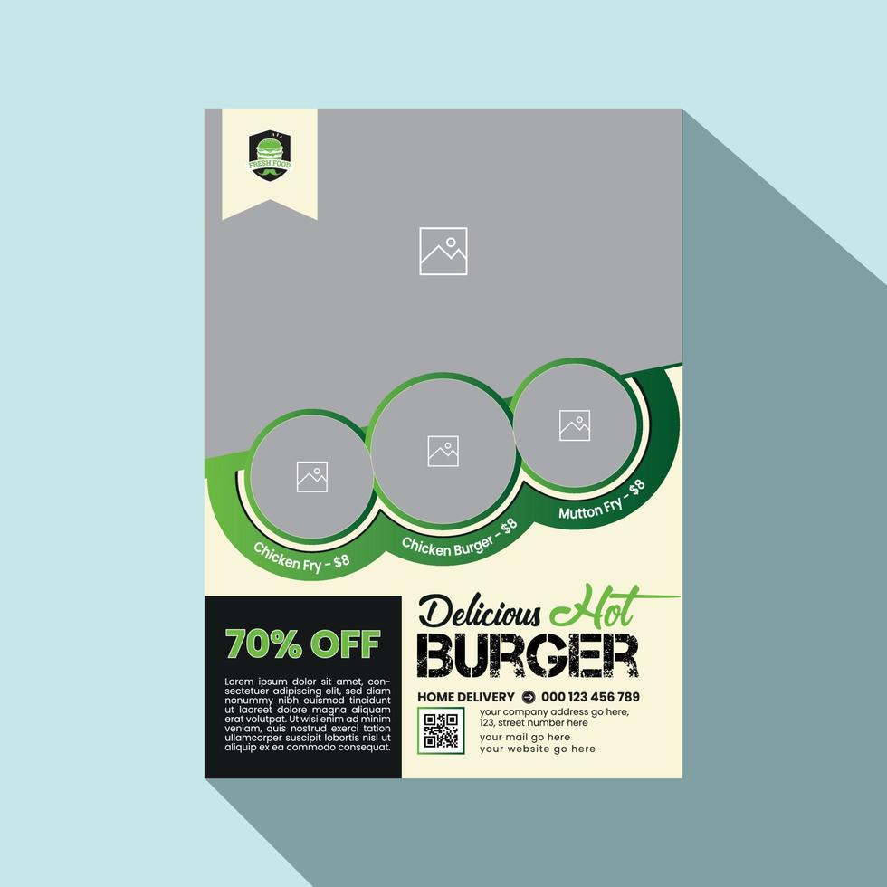 Eye catching, Modern, Professional and Creative food banner, flyer or template design with circle, rectangle, hexagon and triangle A4 layout vector