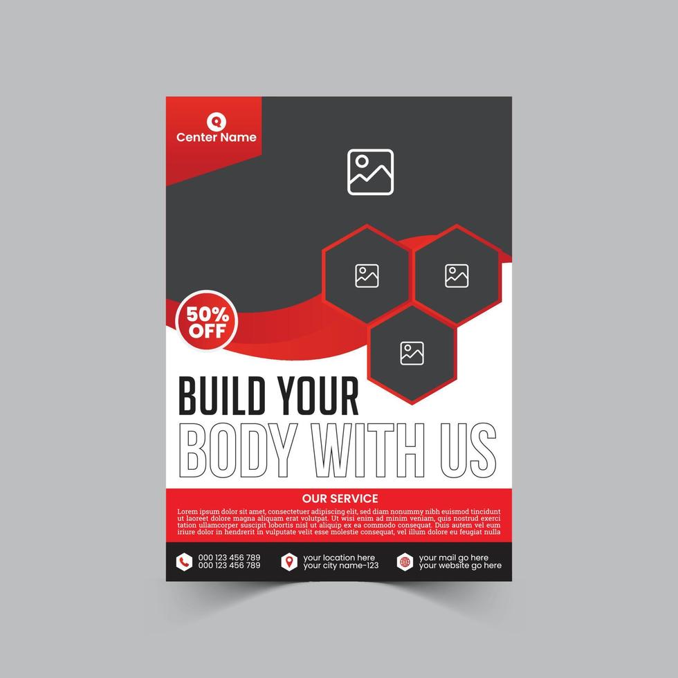 A4 size vertical fitness or gym flyer or banner template design for your brand or company with creative, eye catching, professional and modern shape vector