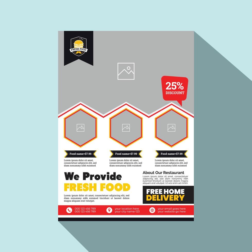 Eye catching, Modern, Professional and Creative food banner, flyer or template design with circle, rectangle, hexagon and triangle A4 layout vector