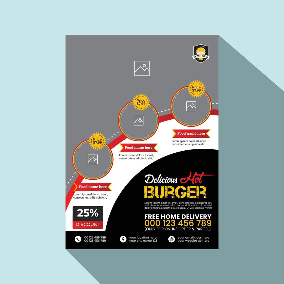 Eye catching, Modern, Professional and Creative food banner, flyer or template design with circle, rectangle, hexagon and triangle A4 layout vector