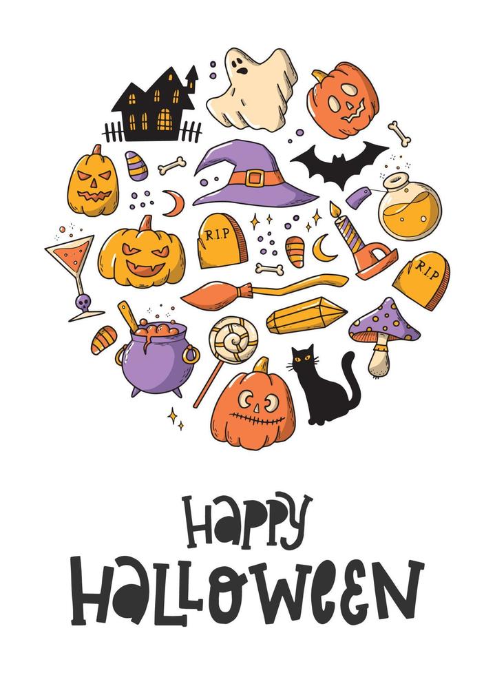 feliz cita con letras de halloween decorada con garabatos para tarjetas de felicitación, afiches, impresiones, letreros, invitaciones, pancartas, etc. vector
