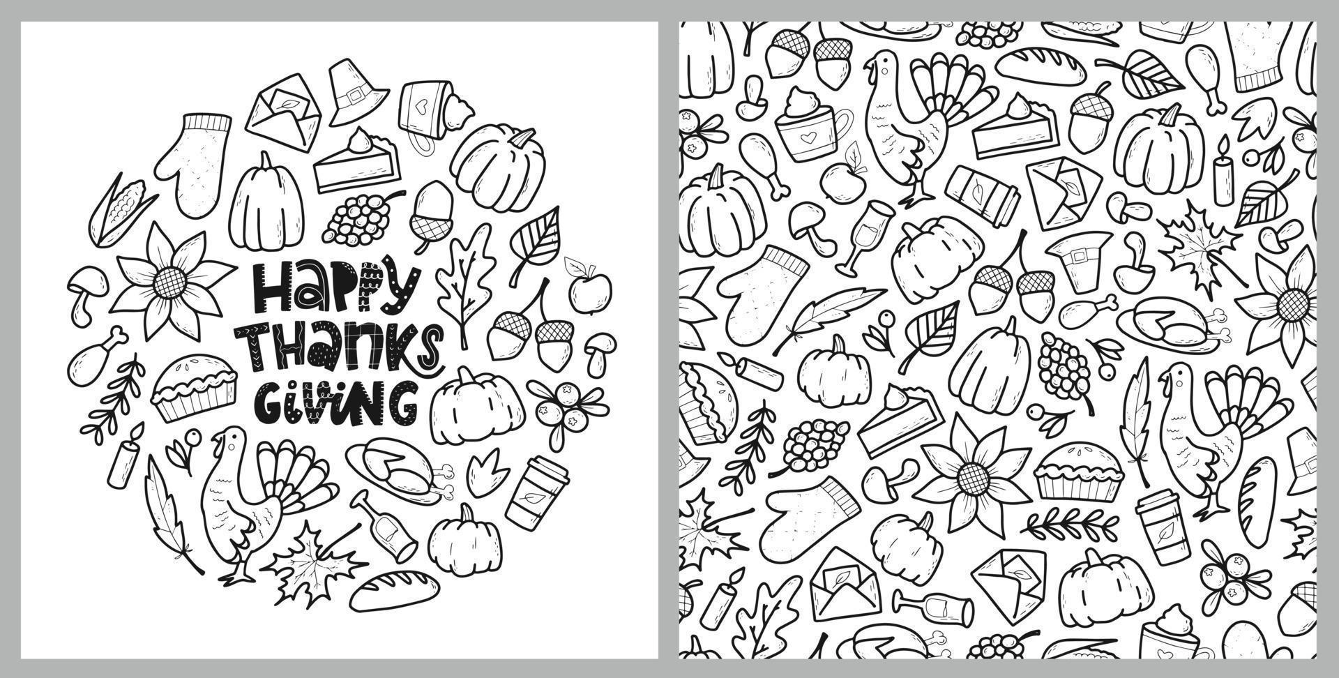 Thanksgiving set og hand drawn doodles and seamless pattern for coloring pages, posters, prints, cards, wrapping paper, etc. EPS 10 vector