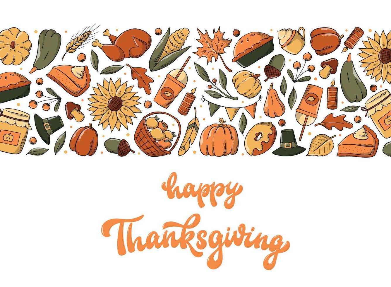 Thanksgiving horizontal banner with lettering quote and border of doodles. Good for cards, posters, templates, invitations, etc. EPS 10 vector
