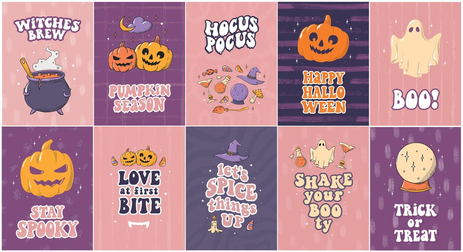 set of 10 Halloween cards, posters, prints, wallpaper decorated with hand drawn doodles and groovy quotes. EPS 10 vector