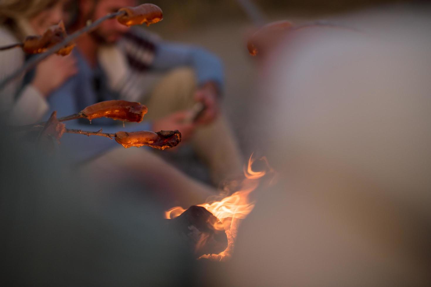 Group Of Young Friends Sitting By The Fire at beach photo