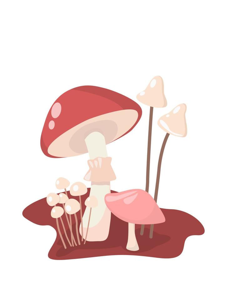 Mushrooms illustration. Red and pink autumn mushrooms. Vector illustration for book, postcard, print.