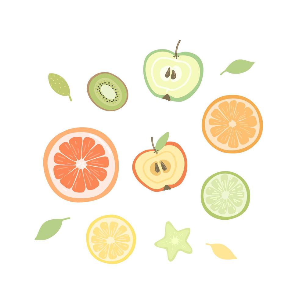 ilustración de frutas mitades y trozos de fruta naranja, limón, manzana, kiwi. frutas vectoriales para impresión, tarjetas, impresiones, menús, web. vector