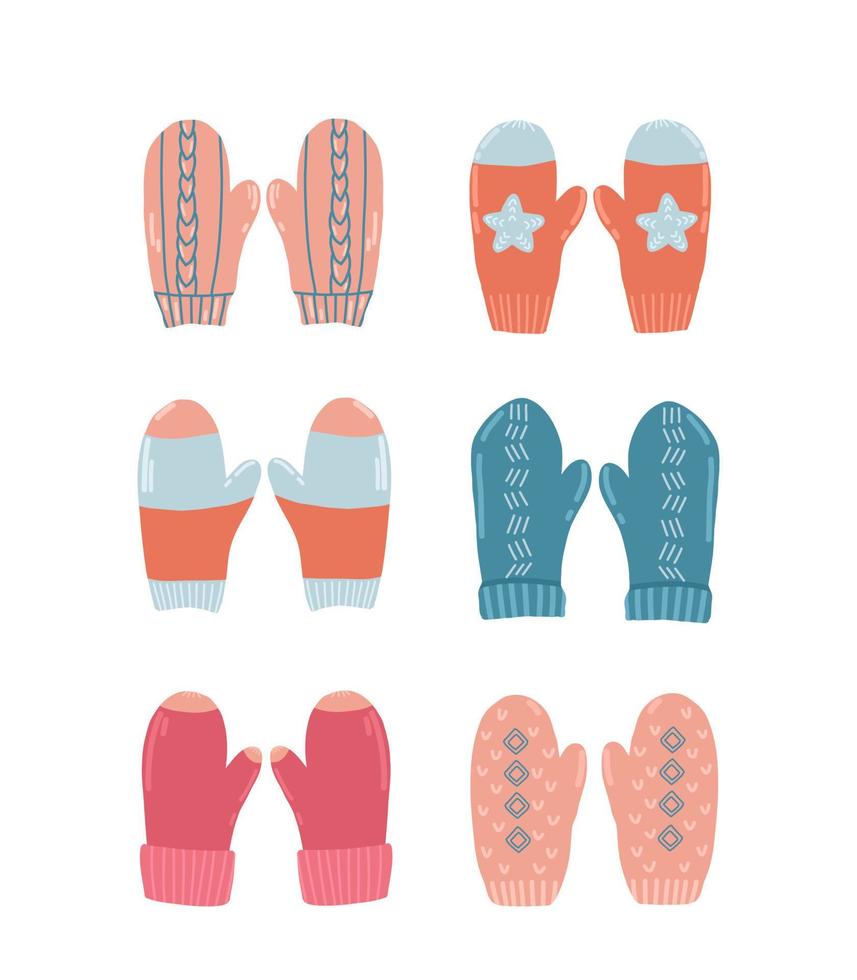 Set of multicolored knitted mittens with pattern. Freehand drawing. Can be used for scrapbook, postcards, print, etc. Can be used for scrapbook, postcards, print, etc. vector