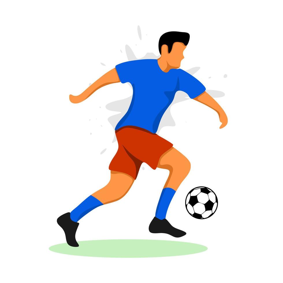 jugador de fútbol con camisa azul y pateando la pelota. ilustración vectorial vector