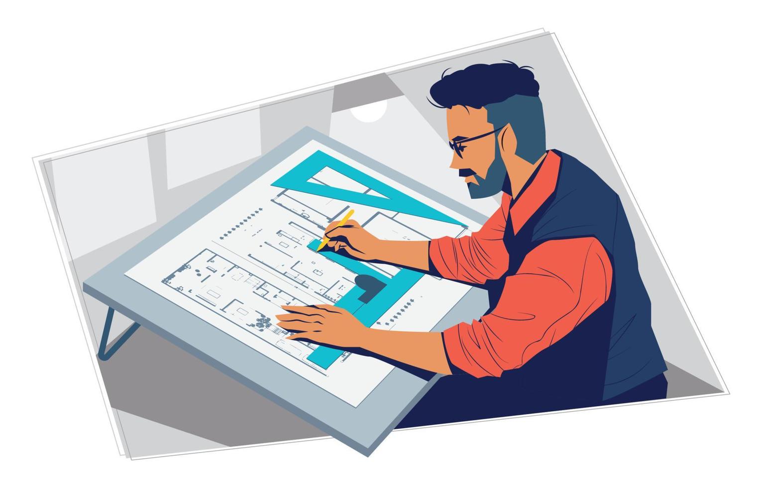 Architect Working on Drawing Table Concept vector