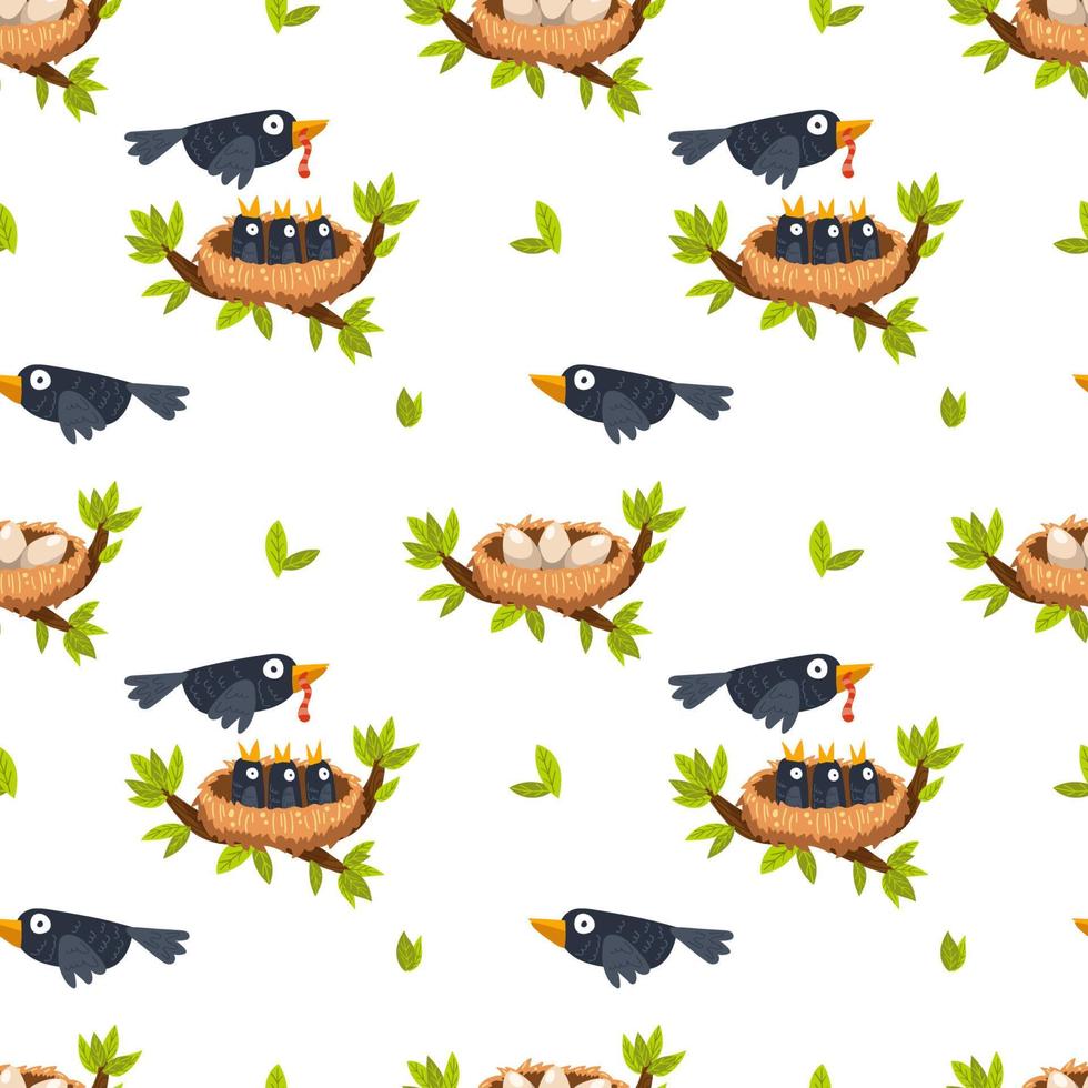 a bird feeds chicks in a nest, a nest with eggs on a branch. Seamless pattern, vector illustration