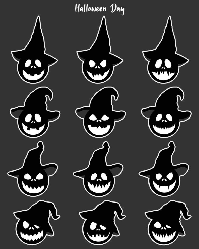 Set of Halloween black and white cute ghosts characters different faces. vector