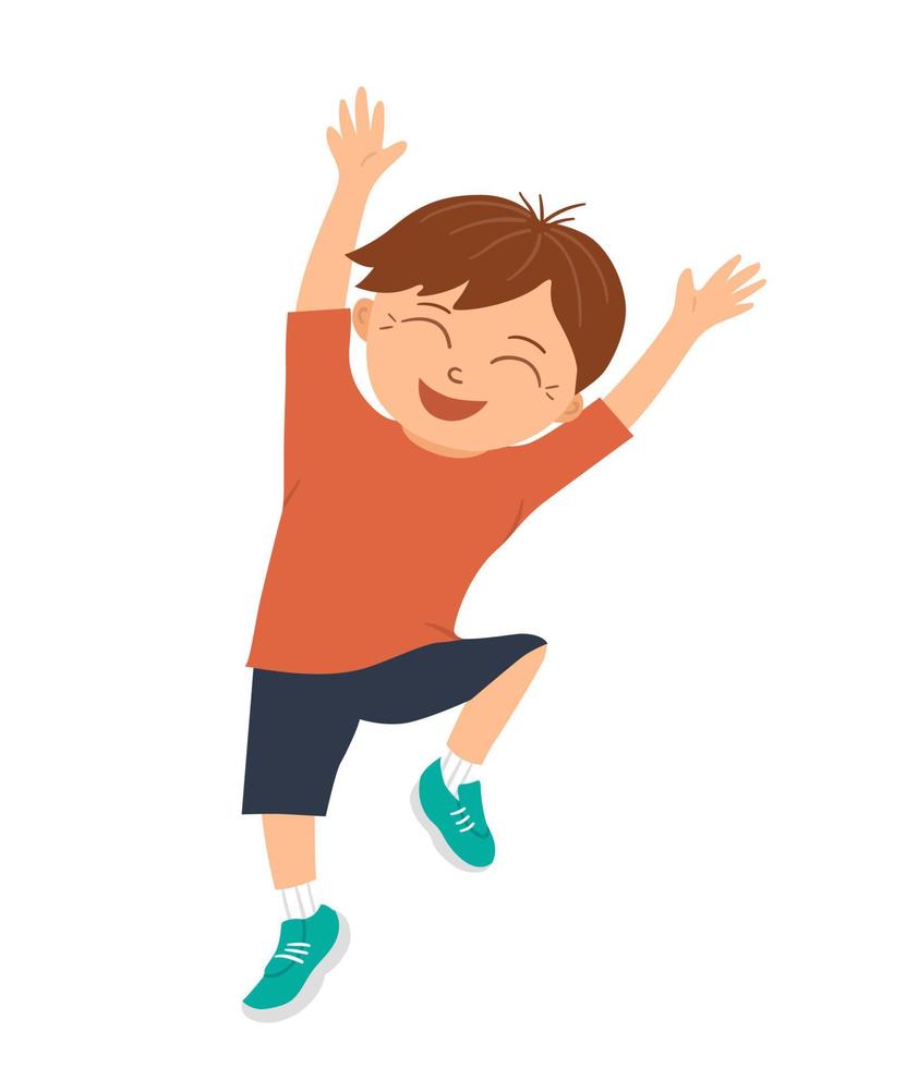 Vector smiling boy jumping with joy and happiness with his hands up. Joyful, delighted, happy kid character. Hilarious child picture for children design. Flat funny illustration of good mood