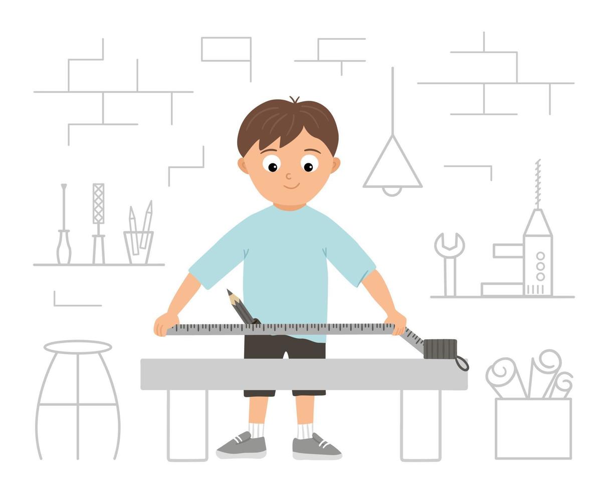 Vector working boy. Flat funny kid character doing measurements with tape-measure on work bench on workshop background. Craft lesson illustration. Concept of a child learning how to work with tools