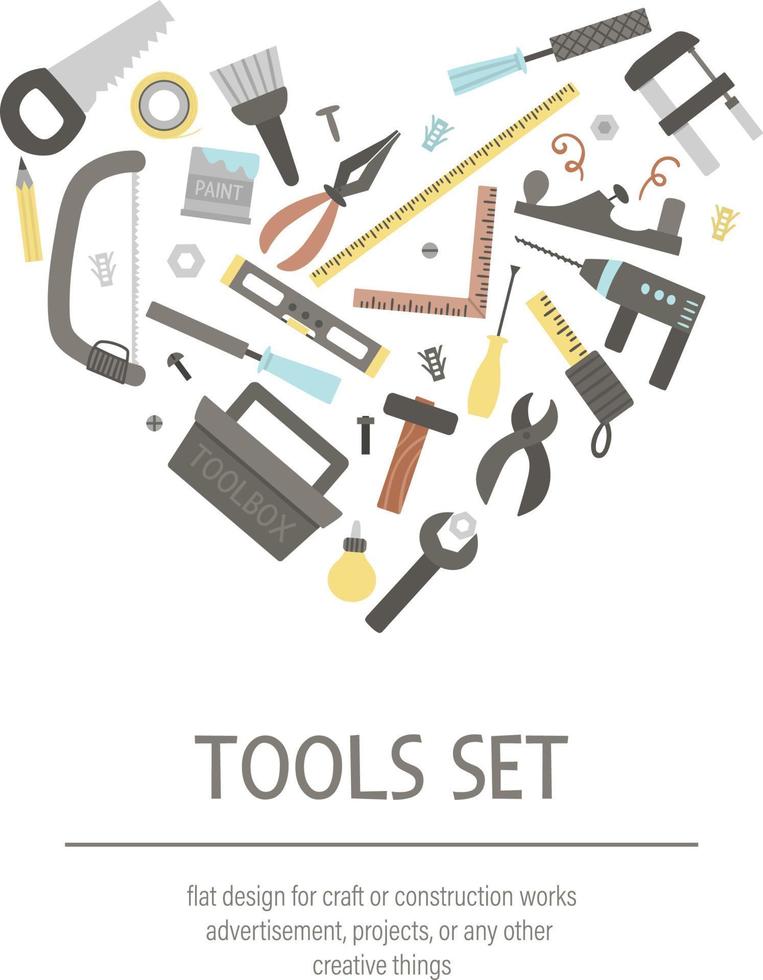 Vector tools set framed in heart shape. Flat colored illustration with building, carpenter equipment for card, poster or flyer design. Woodwork, repair service or craft workshop concept