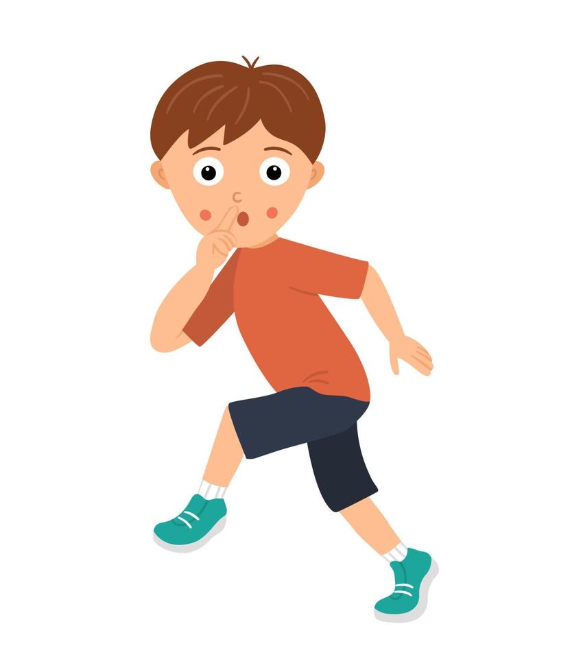 Vector illustration of a boy sneaking silently holding a finger at his mouth in sign of silence. Kid going cautiously asking not to reveal him or his secret. Flat funny character illustration