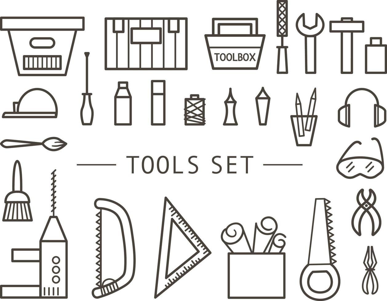 Vector tools icons set. Flat linear black and white illustration with building, carpenter equipment for card, poster or flyer design. Woodwork, repair service or craft workshop concept