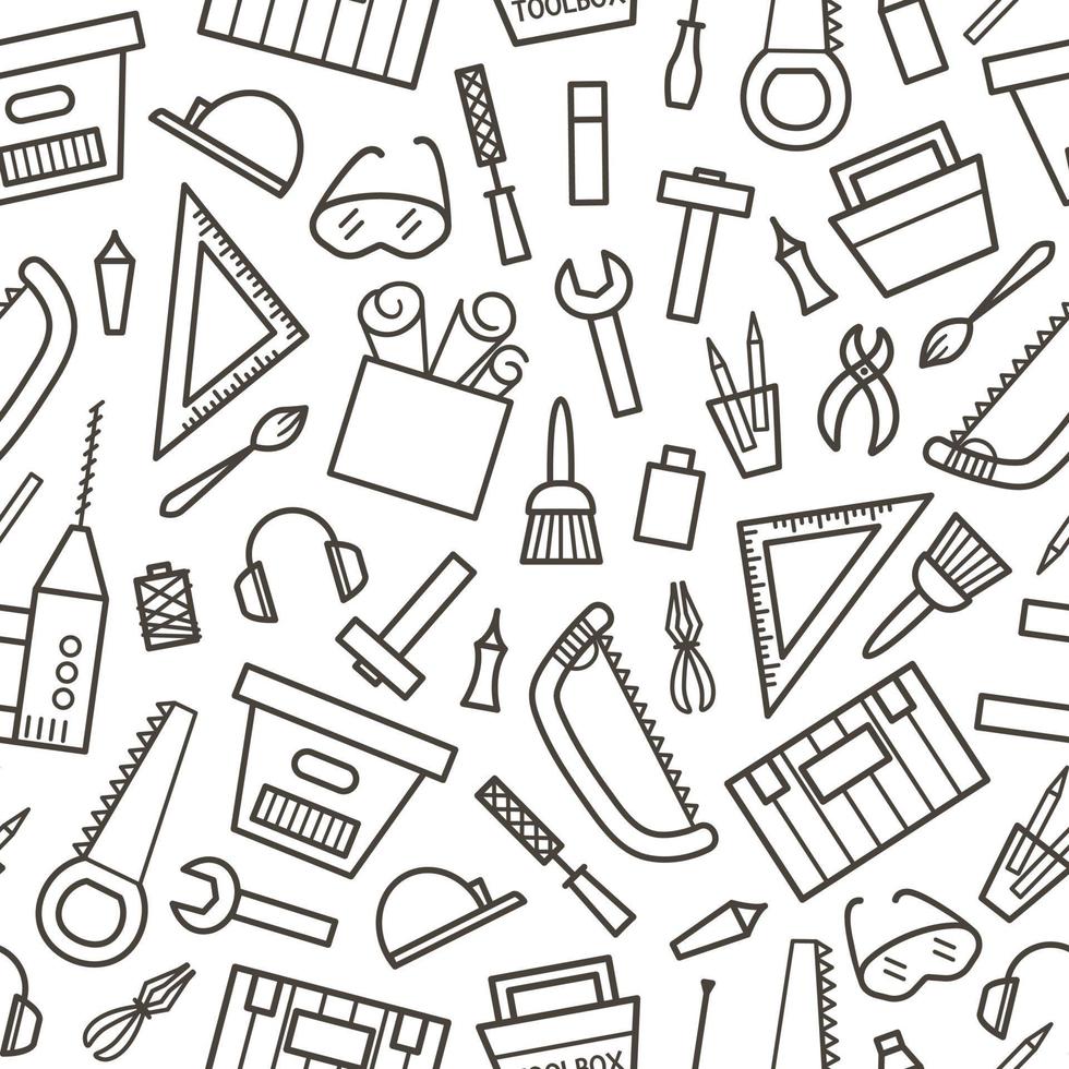 Vector tools seamless pattern. Flat linear black and white illustration with building, carpenter equipment for card, poster or flyer design. Woodwork, repair service or craft workshop background