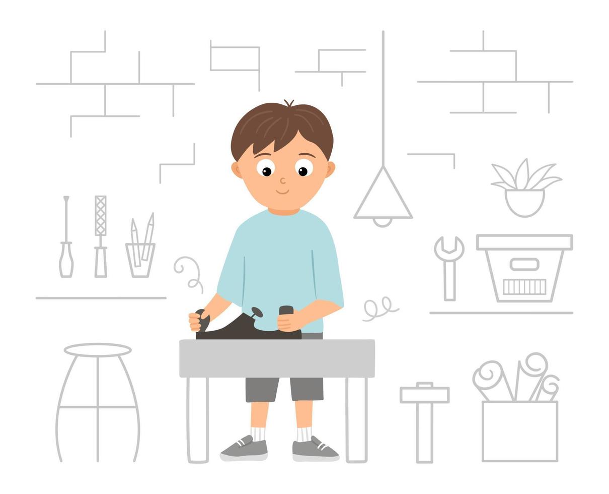 Vector working boy. Flat funny kid character working wood with plane on workshop background. Craft lesson illustration. Concept of a child learning how to work with tools