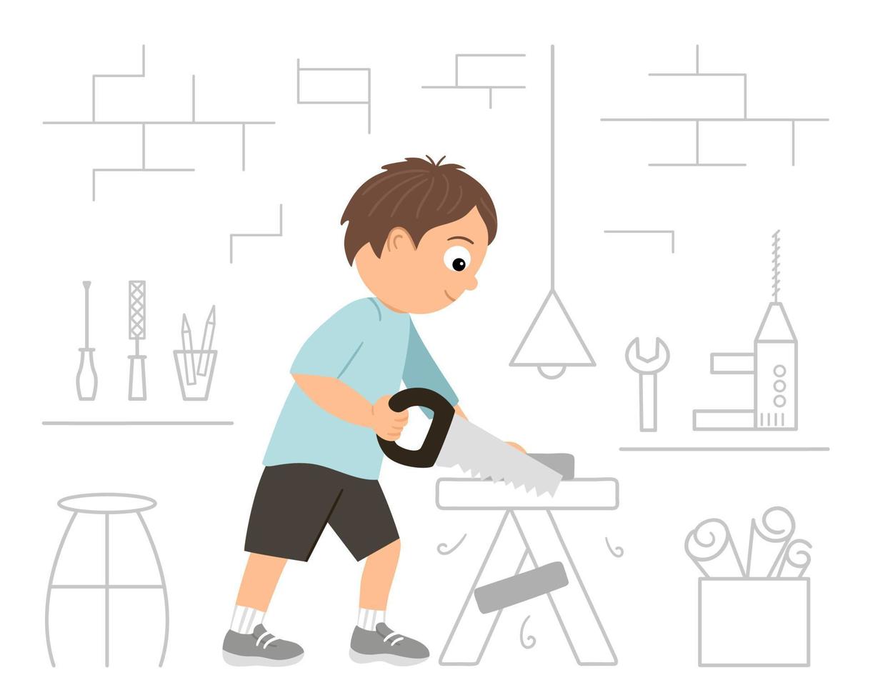 chico trabajador vectorial. personaje de niño plano y divertido aserrando madera con una sierra en un banco de trabajo en el fondo del taller. ilustración de la lección de artesanía. concepto de un niño que aprende a trabajar con herramientas vector