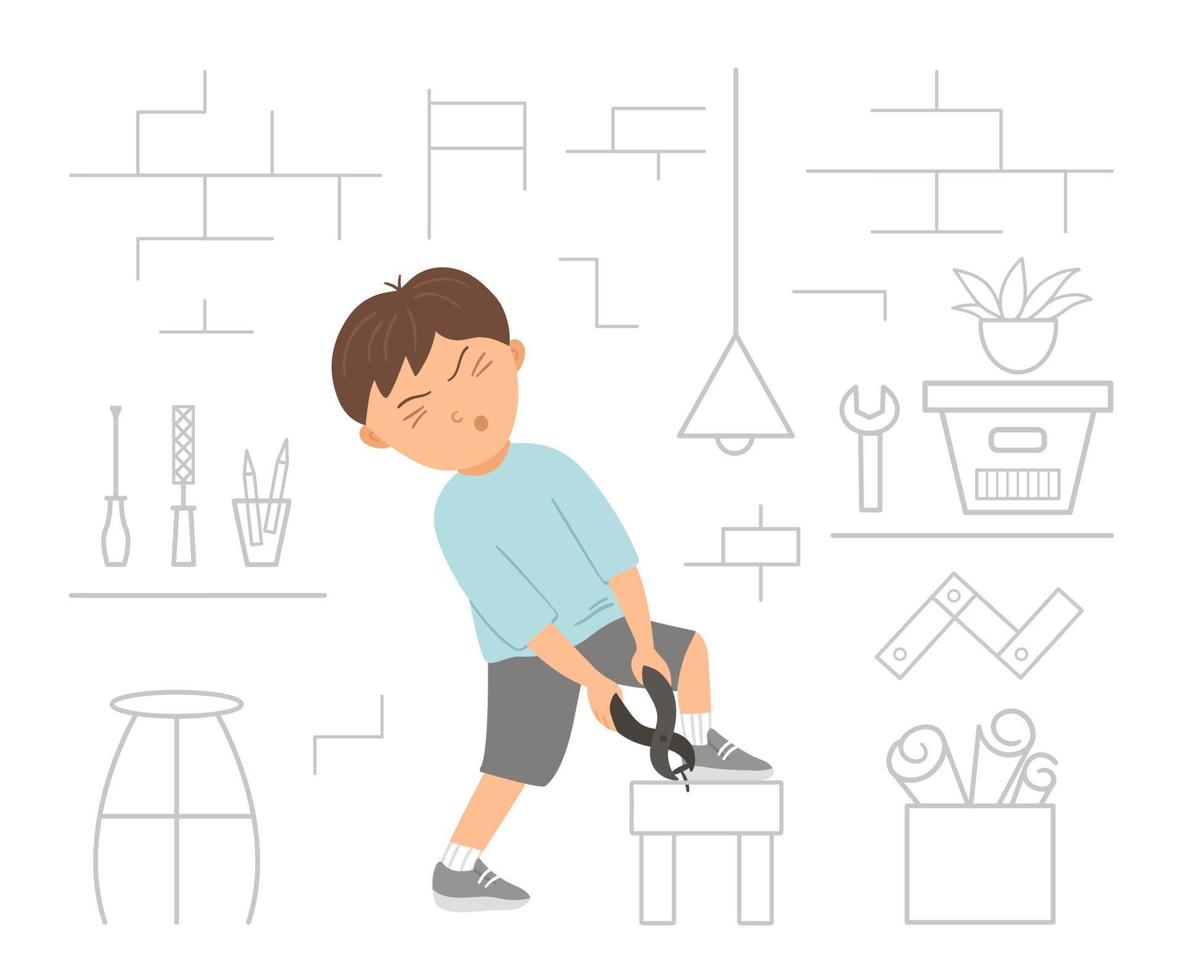 Vector working boy. Flat funny kid character taking out a nail out of the stool with pliers on workshop background. Craft lesson illustration. Concept of a child learning how to work with tools