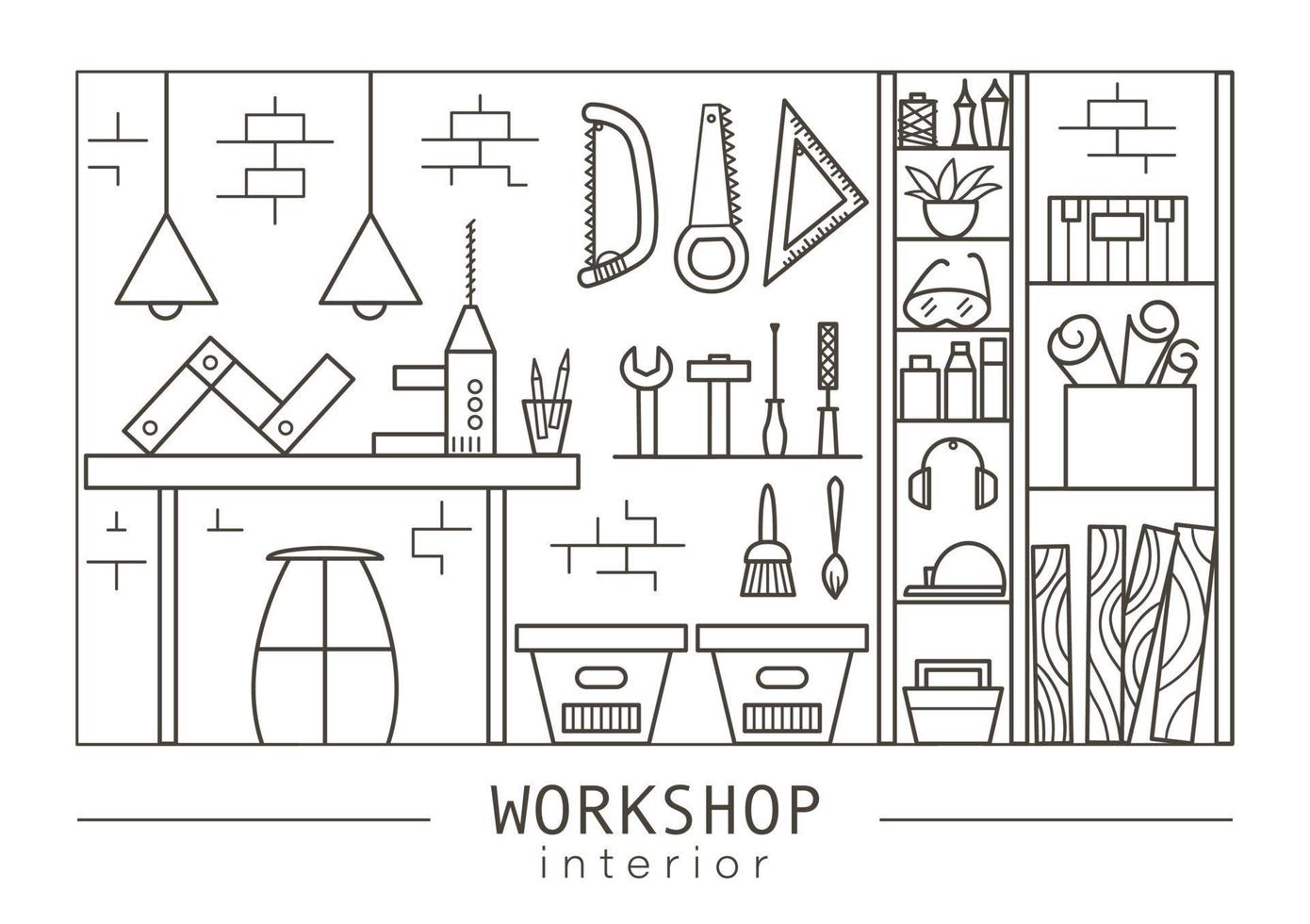 Vector linear art workshop interior. Black and white line drawing of different tools and equipment with work bench, cabinet, shelves, boxes. Carpenter, worker or joiner shop illustration.