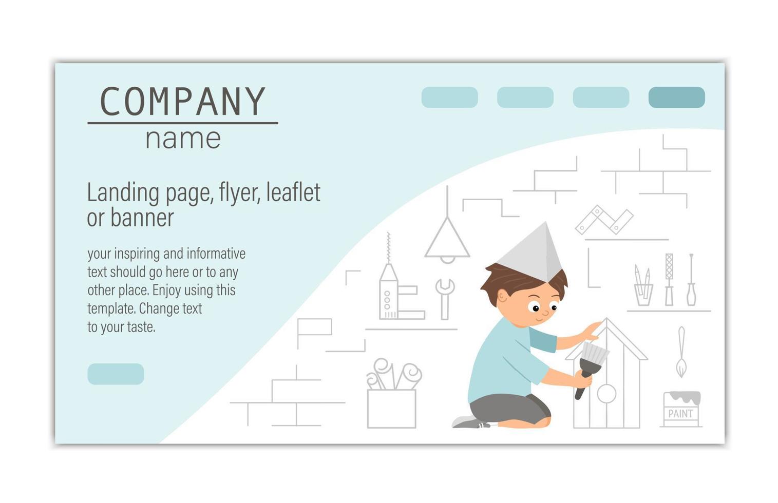 Flyer, card, banner or landing page template for building, repairing service company or craft masterclass website.  Vector flat illustration of a man painting a nestling box on workshop background