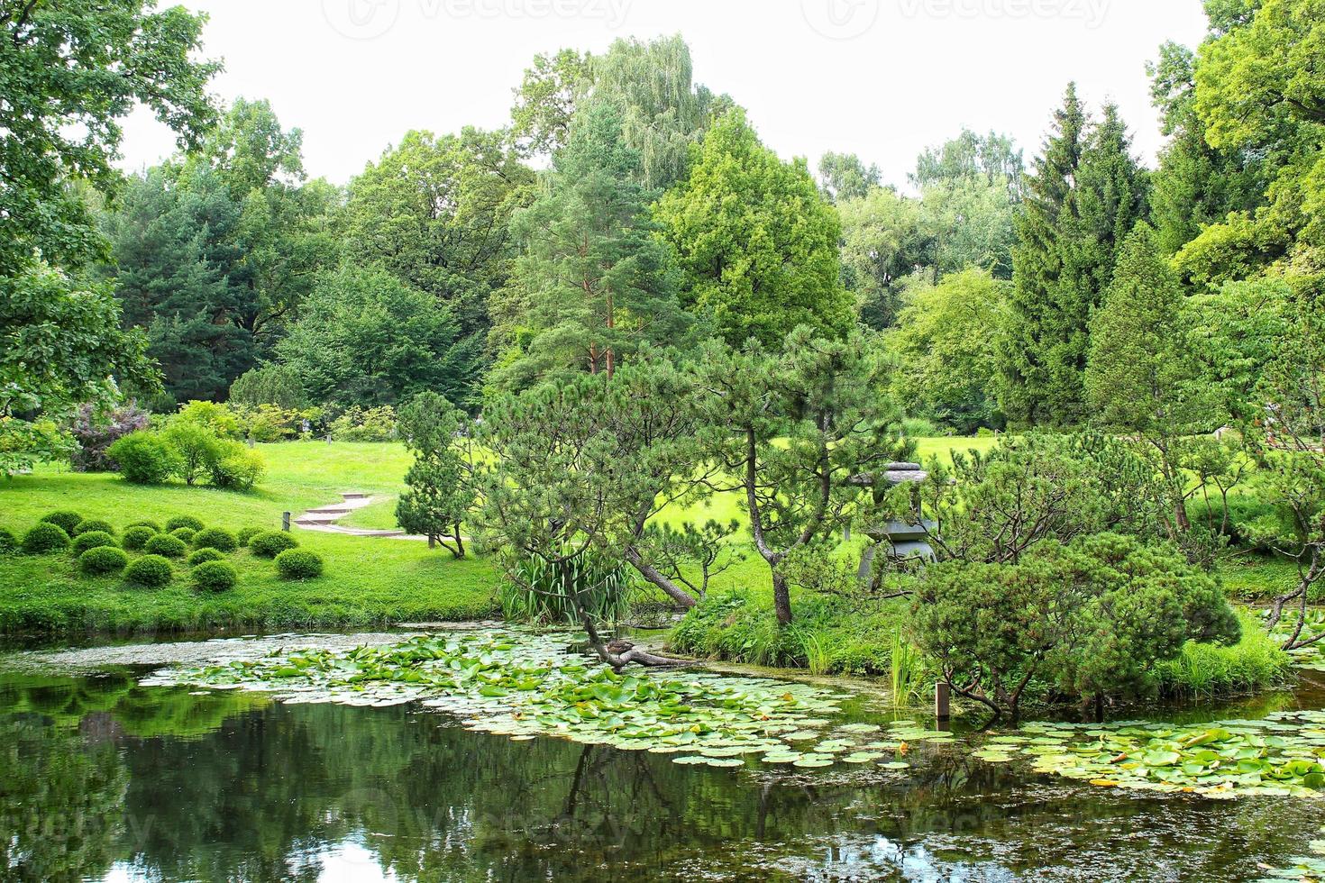 Beautiful landscape view in Japanese traditional botanical decorative garden. Calm nature scene of green summer lake pond water and pagoda lantern. Zen, meditation, harmony concept photo