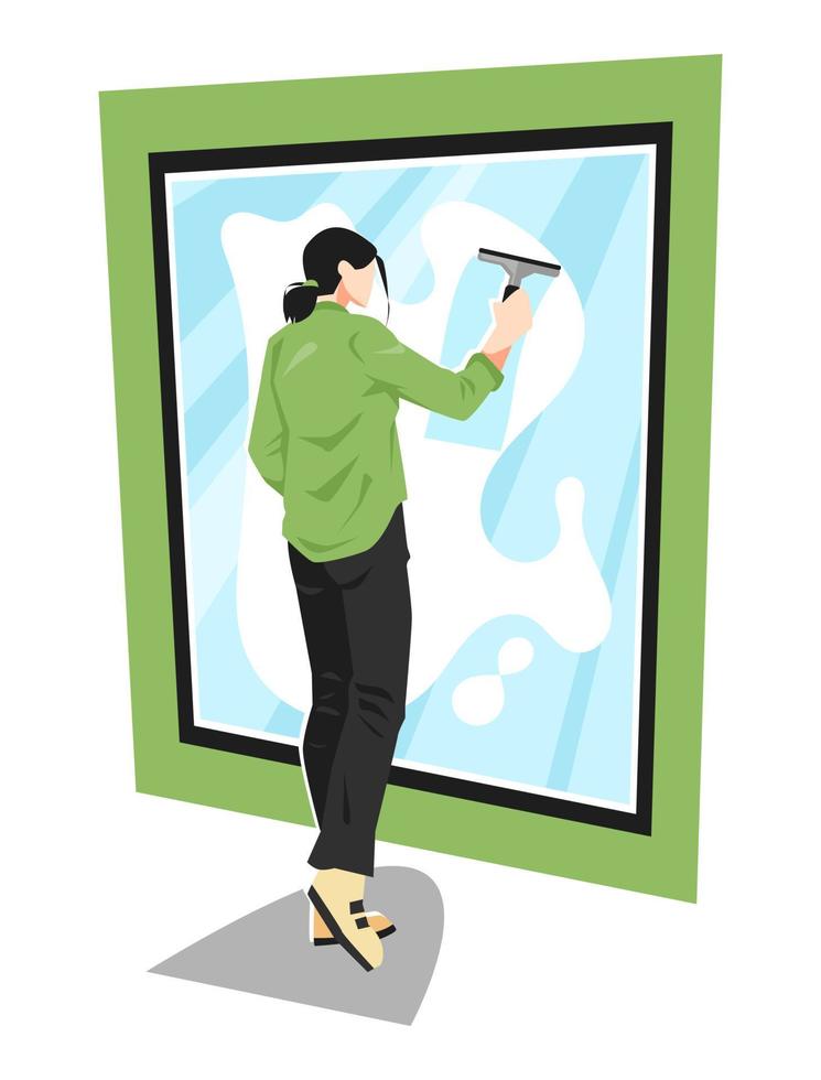 ilustración de la vista posterior de la mujer limpiando el cristal de la ventana usando un limpiaparabrisas. adecuado para el tema de la limpieza, el hogar, la salud, la maternidad, las tareas domésticas, etc. estilo de vector plano