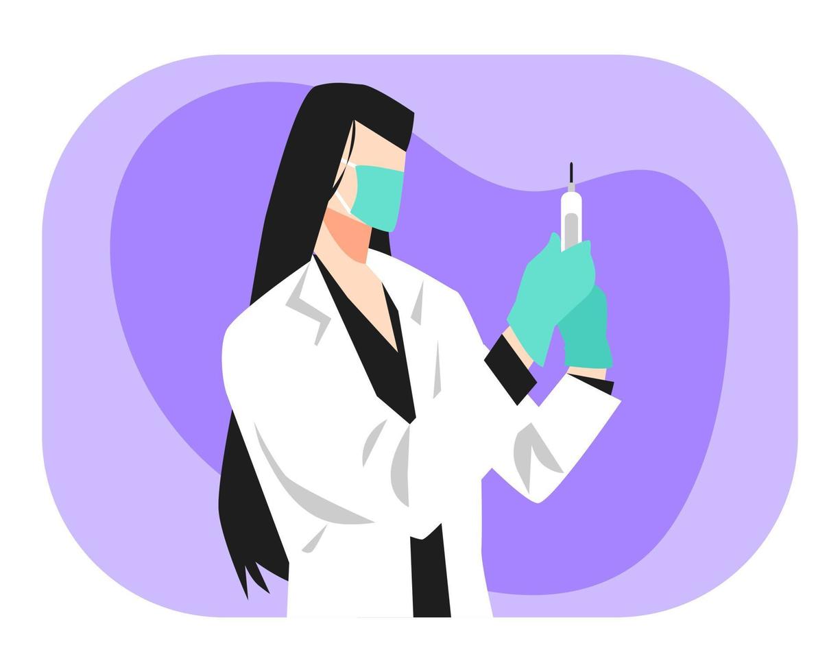 ilustración de una doctora sosteniendo una jeringa. usa una máscara. bata de laboratorio. fondo morado, azul aislado. adecuado para el tema de la medicina, vacunas, hospitales, profesiones, etc. vector plano