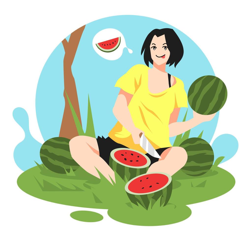 ilustración de una joven adolescente de pelo corto cortando sandía con un cuchillo. expresión feliz. posición para sentarse. fondo de naturaleza, árbol de hierba. icono de fruta. tema de fruta, saludable, comida. vector plano