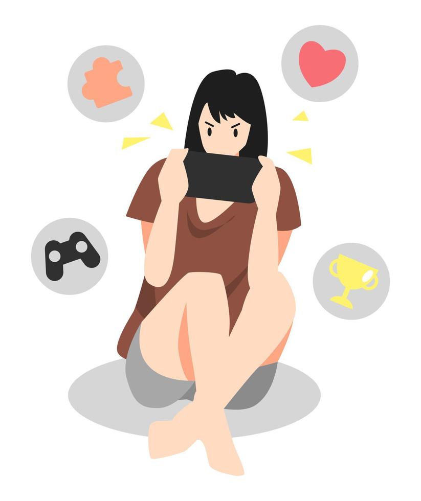 ilustración de una niña jugando un juego con enfoque. posición para sentarse. joystick, copa, rompecabezas, icono de amor. adecuado para el tema de pasatiempos, deportes electrónicos, entretenimiento, ocio, adicción, etc. vector