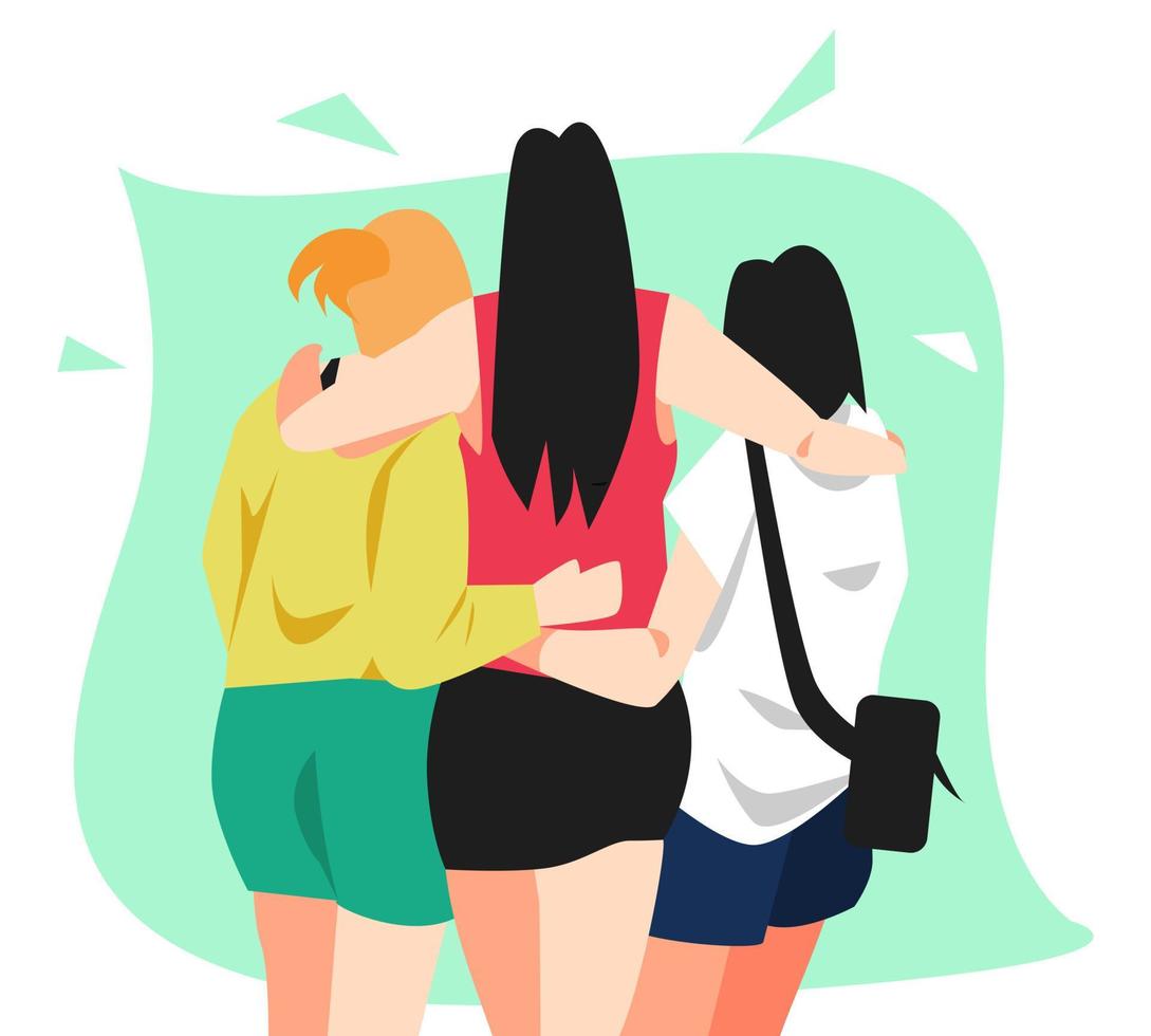 ilustración de vista trasera de tres chicas abrazándose. fondo verde aislado. adecuado para el tema de los mejores amigos, adolescentes, juegos. estilo de vector plano