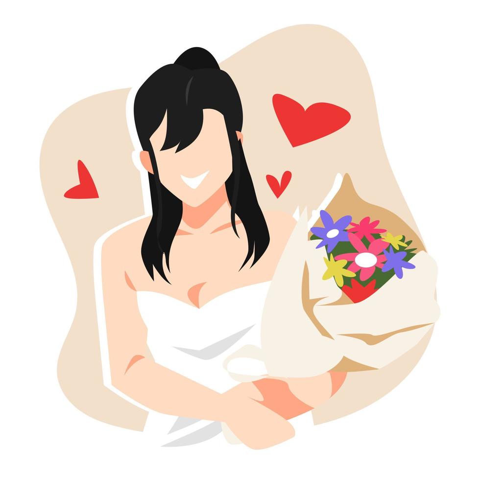 ilustración de una mujer con un vestido de novia sosteniendo flores. bata blanca expresión feliz. adecuado para bodas temáticas, celebraciones, mujeres, hermosas, etc. estilo de vector plano.