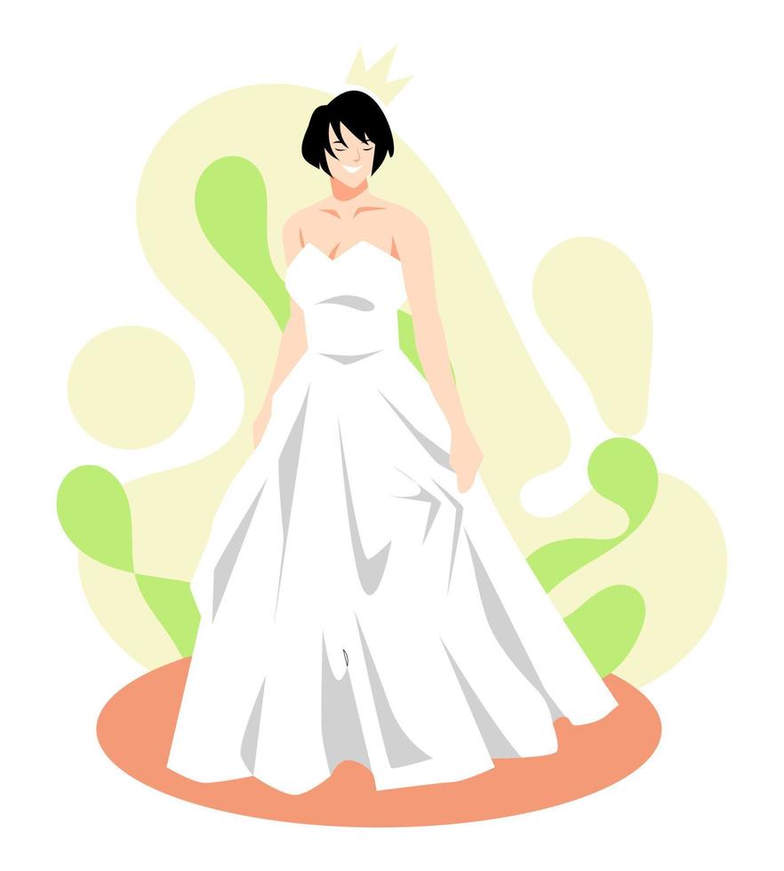 ilustración de una mujer hermosa con el pelo corto en un vestido de novia. cuerpo completo. adecuado para bodas temáticas, belleza, eventos, celebraciones, etc. vector plano