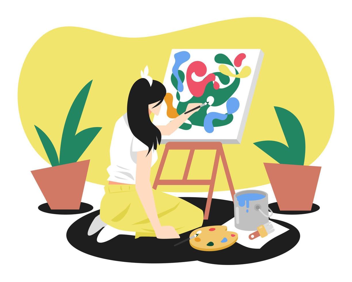 illustration of artist teenage girl painting on canvas on easel. sitting position. back view. paint buckets, brushes, many decoration plants. yellow background. abstract painting. flat vector