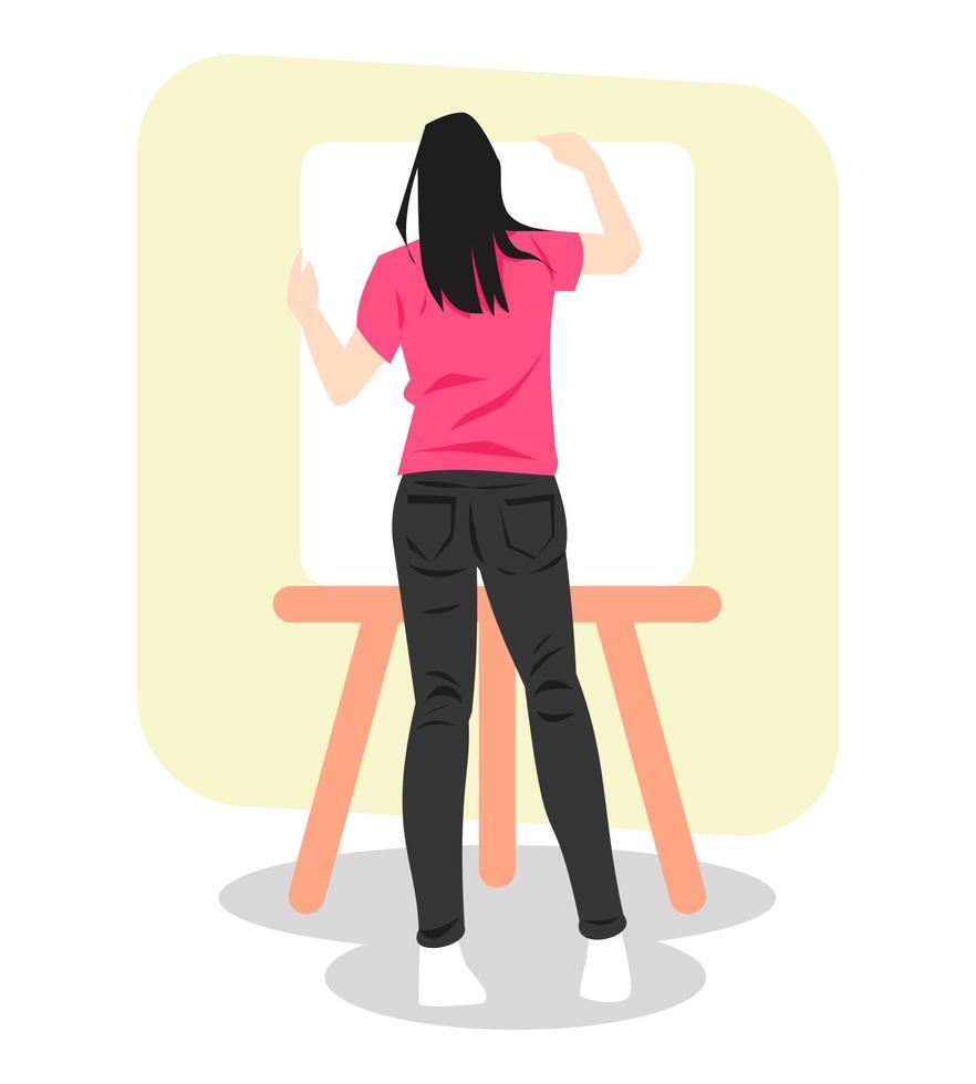 illustration of female artist installing canvas in easel, painting, art. back view. art themes, hobbies, etc. flat vector style