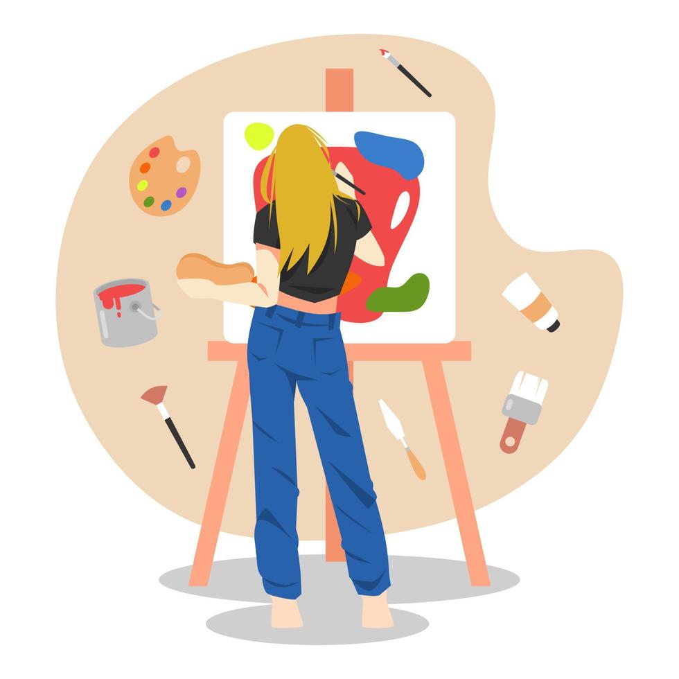 illustration of young woman back view painting on canvas. art easel. multiple brush icons, color palette, paint bucket, acrylic. knife painting. abstract. concept artist, hobby, painting. flat vector