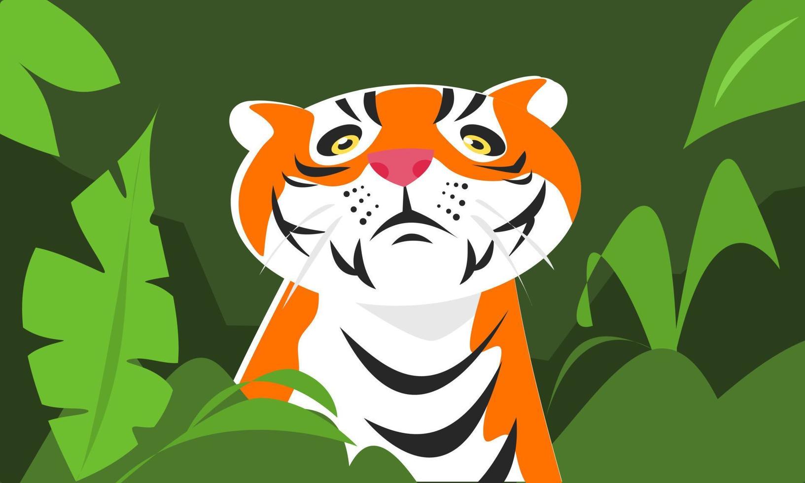 cartoon illustration of a tiger in a bush. forest atmosphere. leaves, grass. half body. animal theme concept, beast, predator, international tiger day celebration. flat vector
