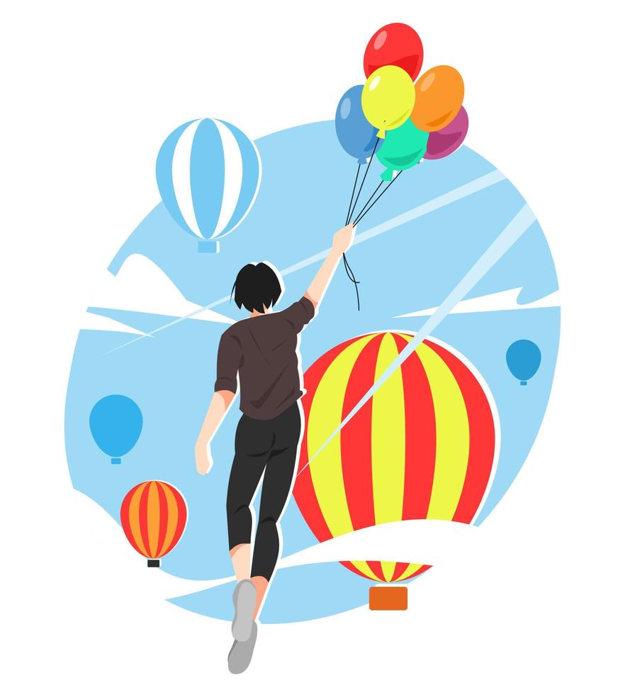 illustration of woman flying with many balloons into the sky. lots of hot air balloons. fantasy concept, traveling, transportation, color, etc. flat vector style