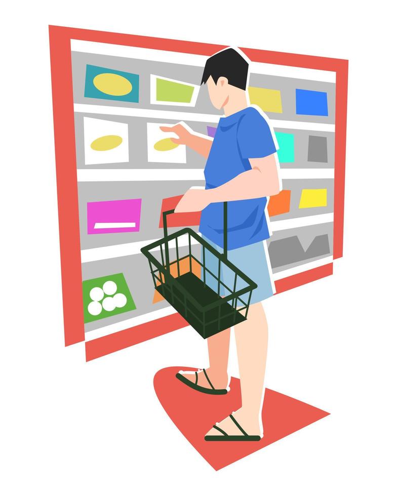 ilustración de una vista trasera de un hombre en un supermercado. Toma algo. adecuado para temas de compras, necesidades, compras, mercado, consumidor. vector plano