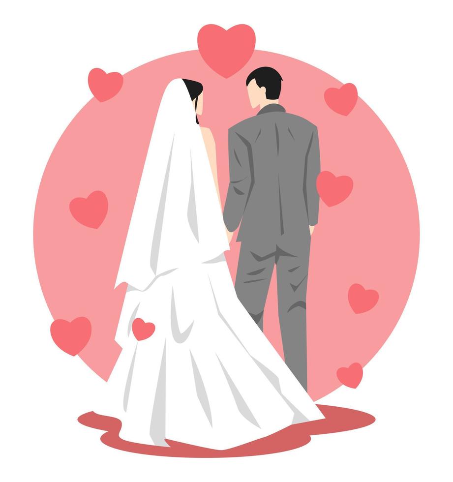 ilustración de una pareja masculina y femenina que tiene una boda. ropa. vestido de novia, traje de novia. icono del corazón, amor. adecuado para celebración, evento, diseño de tarjeta de invitación, etc. estilo de vector plano