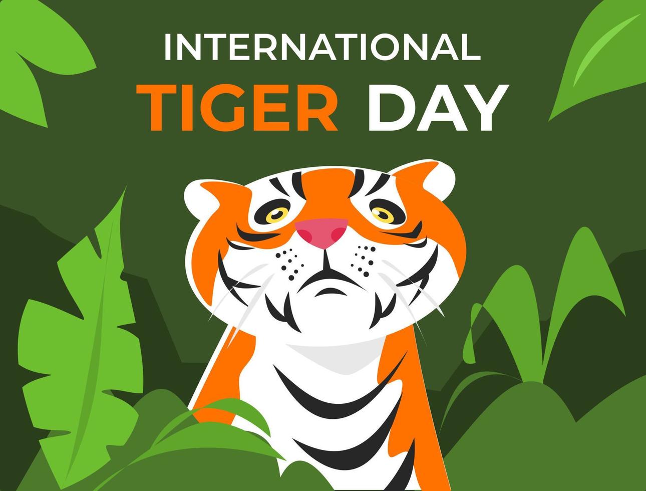 cartoon illustration of a tiger in the bush with international tiger day text. forest atmosphere. leaves, grass. half body. animal theme concept, beast, predator, celebration. flat vector