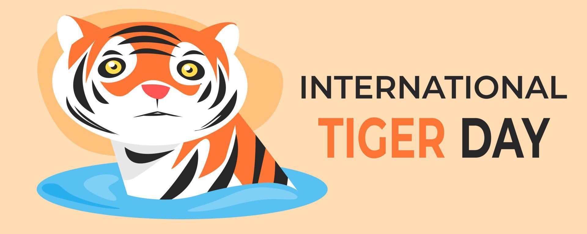 cartoon illustration of a tiger in the water with international tiger day text. half body. animal theme concept, beast, predator, celebration. flat vector